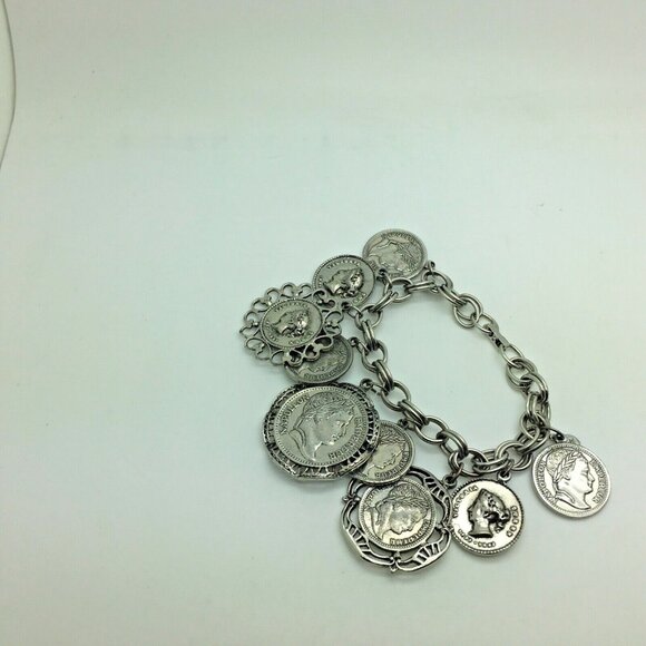 Judy Lee Faux Coins Charm Bracelet Napoleon Queen Victoria Silver Tone Vintage - Picture 4 of 4